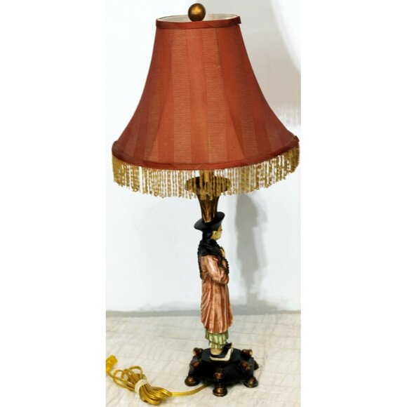 Berman Oriental Asian Man Figurine Lamp Red Lamp Shade Orange Fringe Trim Color - Picture 7 of 12